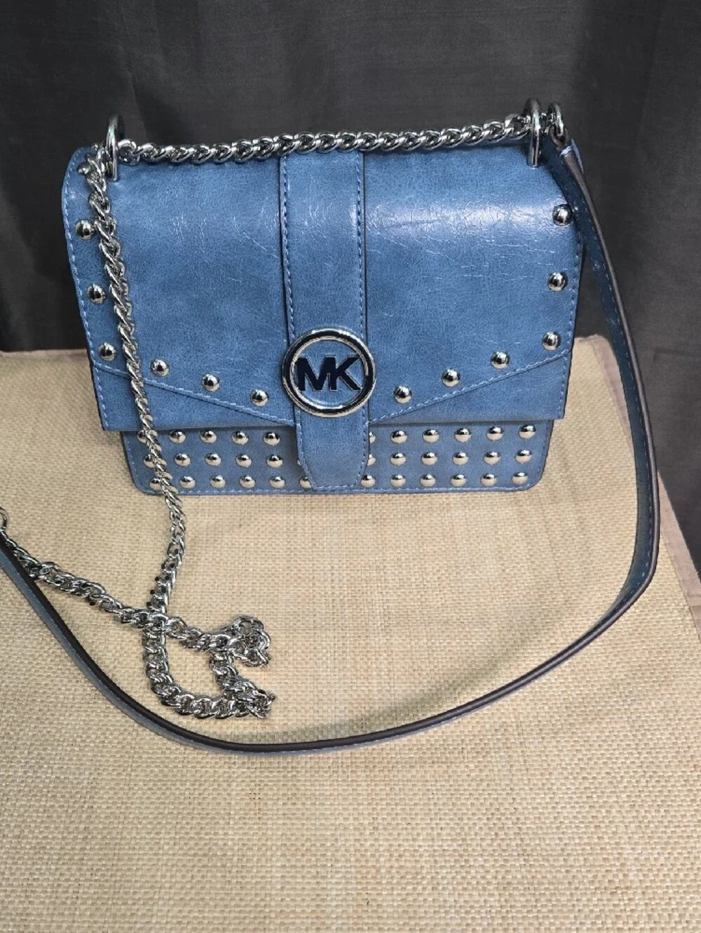 Michael Kors Sky Blue Studded Leather Chain Crossbody